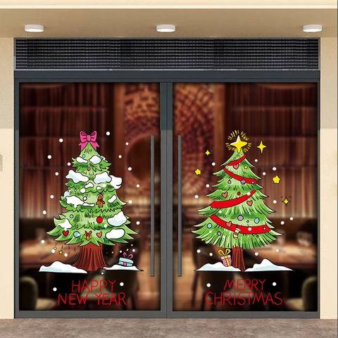 Christmas Tree Window Stickers Static Cling PVC Glass Decals Merry Christmas Happy New Year Festive Showcase Home Shop Decor
