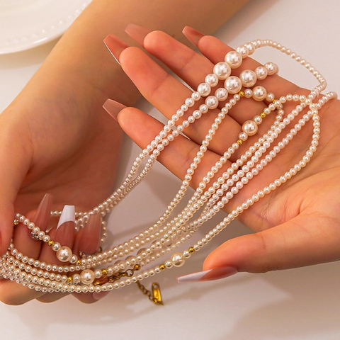 Multi Layer Lange Künstliche Perlenhalskette Edelstahl 18K Vergoldete Künstliche Perlen Vintage Minimalistischer Schmuck Für Damen