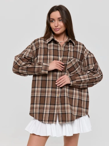 Chemise À Carreaux Femme Manches Longues Col À Revers Boutonné Blouse Oversize Polyester Coton Décontracté Marron