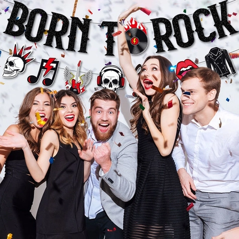 Decoraciones De Fiesta De Rock And Roll Cartón Purpurina Born To Rock Pancarta Remolinos Colgantes Tema Música Cumpleaños