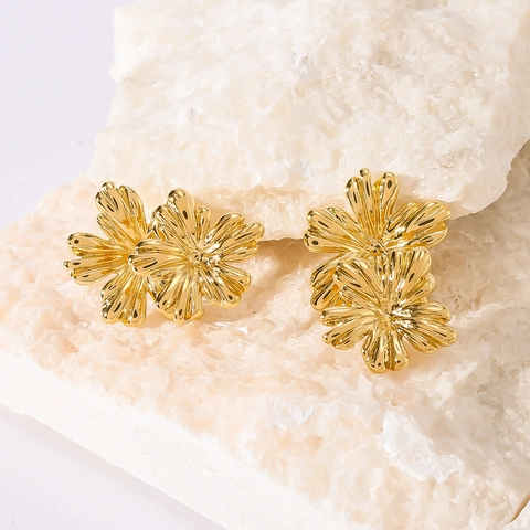Blumen Ohrstecker 18K Vergoldet Edelstahl Elegant Floral Mehrlagige Blütenblätter Hochglanz Retro Schmuck Für Damen