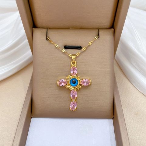 Collana Con Pendente A Croce Con Strass Rosa E Occhio Di Allah Blu Catena In Acciaio Inossidabile Da Donna