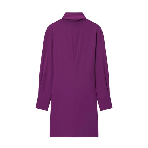 Women Elegant Long Sleeve Mini Dress Tie Scarf High Neck Loose Solid Polyester Casual Fashion Gold Buttons Purple