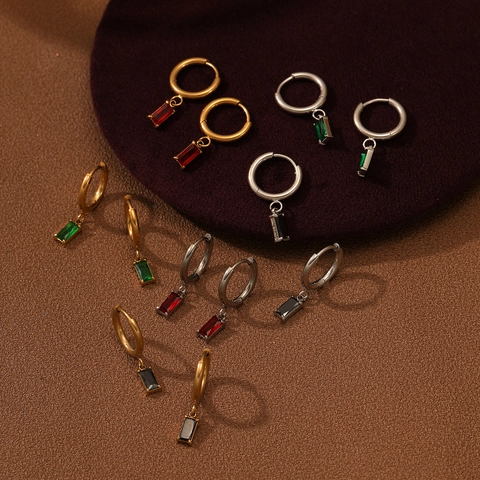 Orecchini Cerchio Acciaio Inossidabile Zircone Rettangolare Donna Gioielli Geometrici Eleganti Regalo