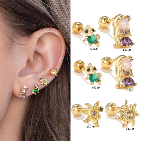 Tiny Cartilage Stud Earrings Copper Cubic Zirconia Flower Sun Animal Piercing Jewelry With Stainless Steel Earring Post