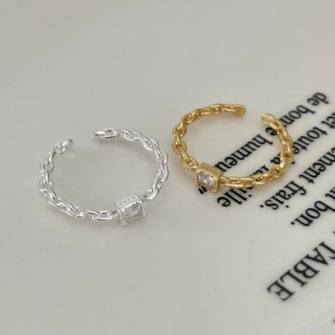 925 Sterling Silver Open Ring Square Zircon Inlaid Chain Design Minimalist Fashion Jewelry For Women Elegant Gift