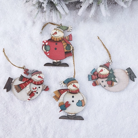 Christmas Wooden Snowman Hanging Ornaments Colorful Printed Wood Pendants Holiday Xmas Tree Window Door Decor