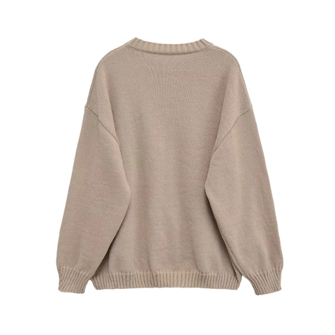 Suéter De Punto De Cuello Redondo Para Mujer Color Avena Ajuste Holgado Hombros Caídos Manga Larga Poliéster Casual Acanalado Elegante
