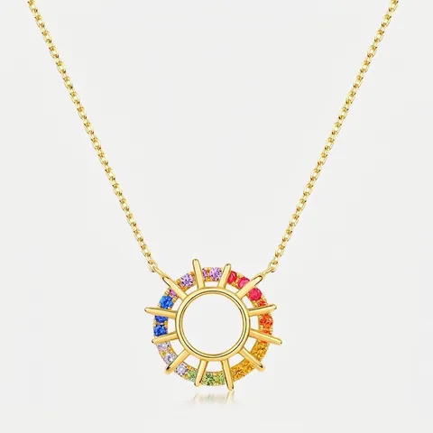 Vintage 925 Sterling Silver Rainbow Zirconia Sun Flower Pendant Necklace Gold Plated Colorful Geometric Inlaid Chain Jewelry For Women Gift