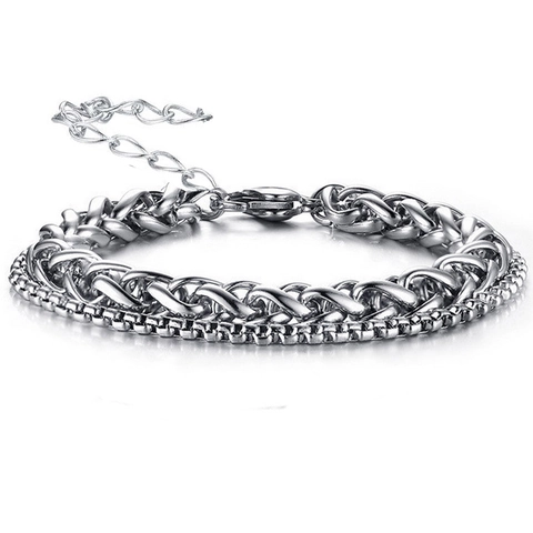 Pulsera Para Hombre De Doble Capa De Acero Inoxidable Cadena De Trigo Y Caja Joyería Pulida Geométrica Ajustable Estilo Hip Hop