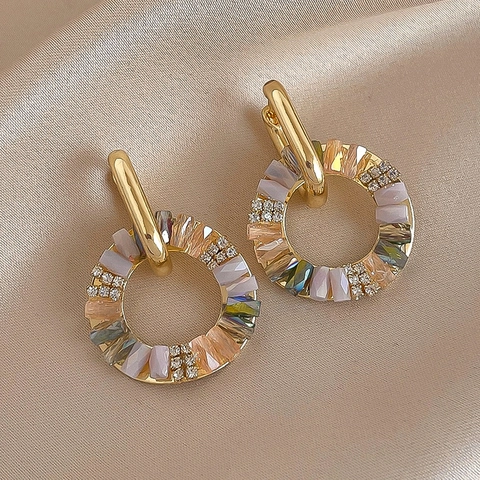 Boucles D'oreilles Créoles En Alliage Doré Avec Zircon Coloré Et Strass Style Rétro Géométrique Bijou Pour Femme