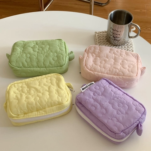Gesteppte Kosmetiktasche Mit Blumenmuster Tragbare Mini Polyester Aufbewahrungstasche Reißverschluss Netzorganisator Für Frauen Studenten