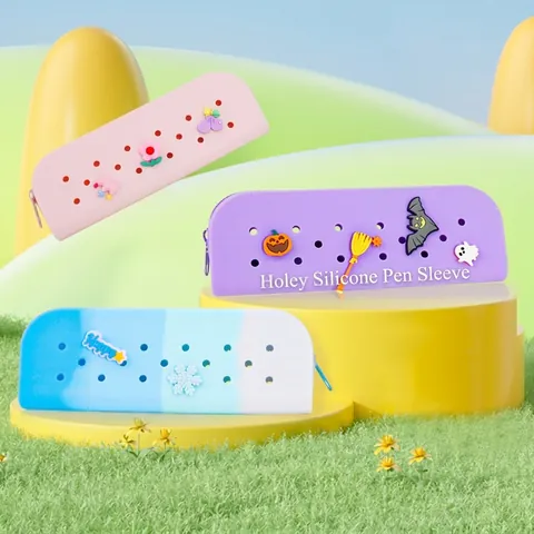 Silicone Pencil Case DIY Hole Design Portable Stationery Storage Bag Cute Decorative Charms For Students