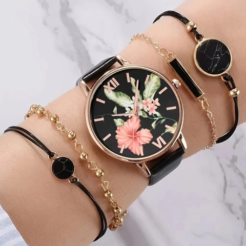 Damen Quarzuhr Und Armbänder Mit Blumenmuster Zifferblatt Legierungsgehäuse Lederarmband Elegant Casual Modeaccessoire