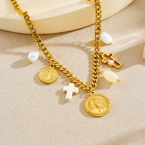 Collar Y Pulsera De Acero Inoxidable Virgen María Cruz Medallas Religiosas Perla Artificial De Imitación Joyería Vintage Retro
