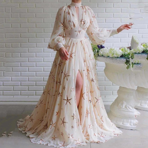 Elegant Polyester Sequin Starfish Mock Neck Maxi Dress For Women Lantern Sleeve Side Slit Chiffon Banquet Party Gown Dress