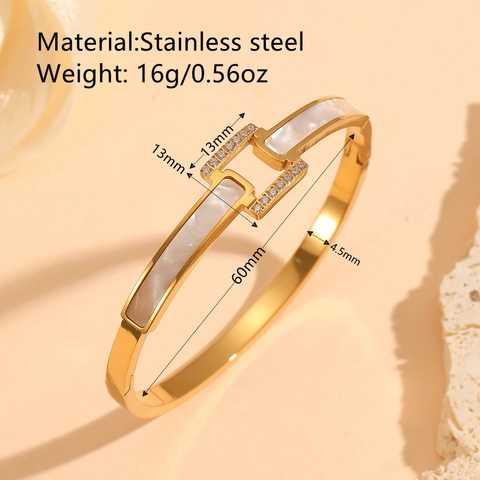Stainless Steel Bangle Bracelet 18K Gold Plated White Shell Zirconia Inlaid Geometric Elegant Jewelry For Women