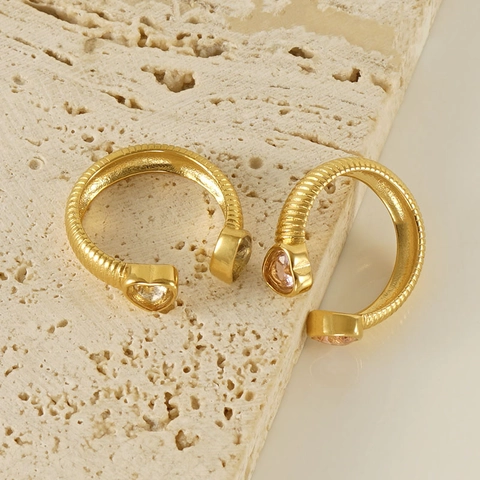 Bague Ouverte Coeur Zirconium Acier Inoxydable Plaqué Or 18K Cannelée Ajustable Vintage Bijoux Pour Femmes