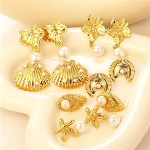 Vintage Gold Plated Stainless Steel Artificial Pearl Earrings For Women French Style Shell Flower Leaf Star Jewelry Elegant