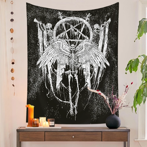 Arazzo Scheletro Angelo Della Morte 100% Poliestere Gotico Pentagramma Decorazione Da Parete Per Camera Da Letto Soggiorno