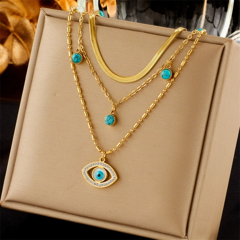 Böhmische Mehrlagige Gold Edelstahl Evil Eye Anhänger Halskette Für Damen Künstliche Türkis Strass Charm Schmuck