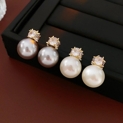 Geometric Cubic Zirconia Imitation Artificial Pearl Stud Earrings With Silver Earring Post Copper French Vintage Simple Style