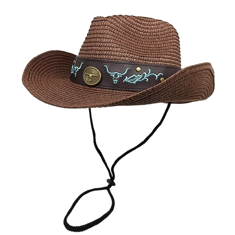 Western Cowboy Straw Hat Wide Brim Sun Protection Summer Beach Travel Vintage Bull Head Decor Band With Windproof Rope