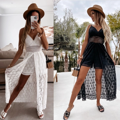 Damen Sexy Spitze Hohl Jumpsuit Mit Geschlitztem Langem Rock Overlay Böhmischer Urlaub Spaghettiträger Romper Patchwork Set