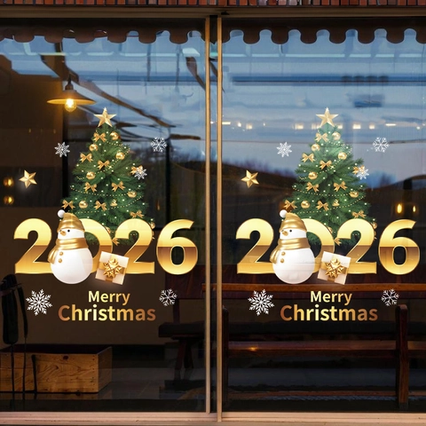 2026 Christmas Window Stickers PVC Static Cling Snowman Tree Glass Door Decals For Holiday Shop Mall Atmosphere Decor
