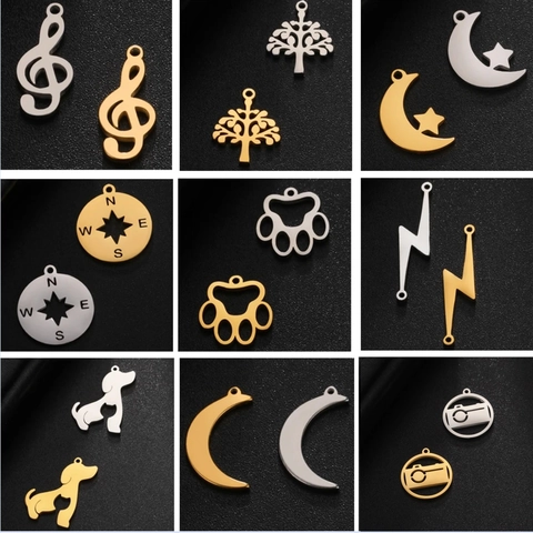 Stainless Steel Pendant Charms For Jewelry Making Music Note Compass Camera Tree Moon Star Geometric DIY Findings