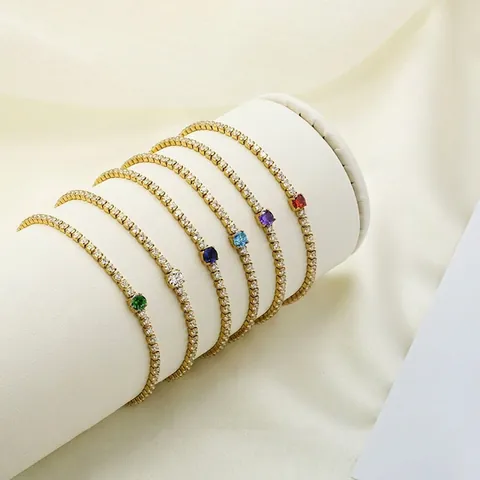 Stainless Steel Zirconia Bracelet Gold Plated Round Colorful Stone Inlaid Tennis Bracelet Women Wedding Party Adjustable Jewelry