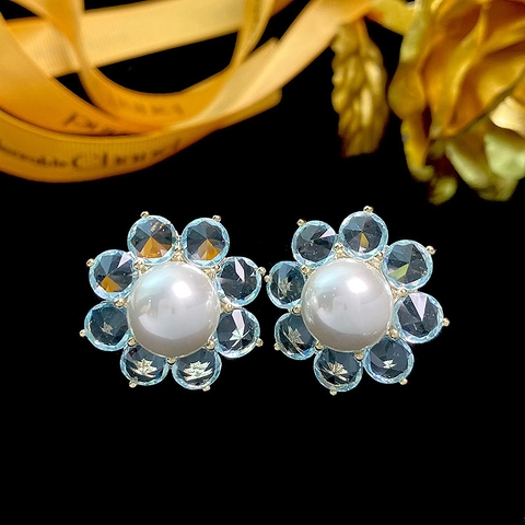 Flower Artificial Pearl Stud Earrings With Blue Crystal Zircon Earring Post Copper Luxury Elegant For Women