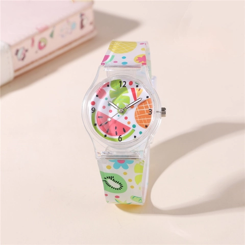 Kinder Quartz Analog Uhr Transparentes Kunststoffarmband Fußball Blumen Fruchtmuster Legierungsgehäuse Armbanduhr