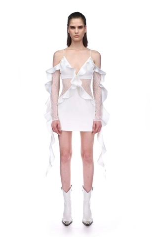 Sexy Damen Minikleid Satin Spitze Patchwork Schulterfrei Rückenfrei Rüschen V-Ausschnitt Party Bodycon
