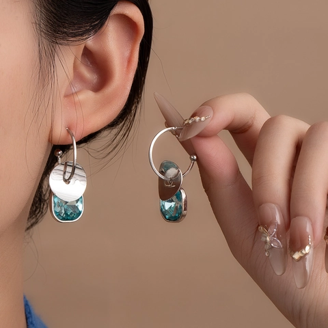 Pendientes De Aleación De Zinc Con Piedra Preciosa Cuadrada Azul Y Poste De Plata Diseño De Burbuja Geométrica Joyería De Moda Mujer