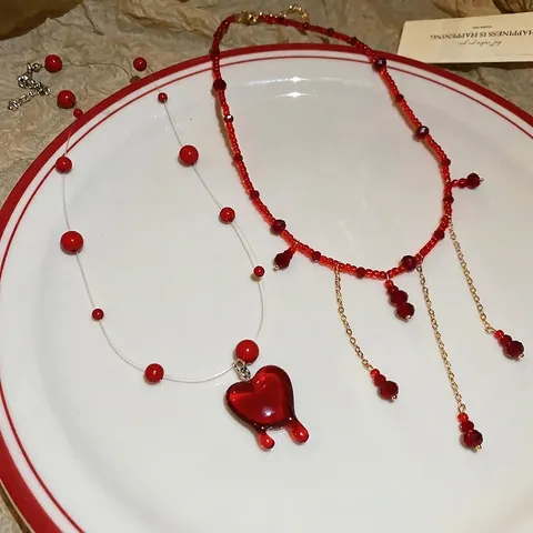 Rote Glas Kristall Perlen Quasten Halskette Mit Herz Anhänger Elegante Gotische Mode Schmuck Schlüsselbein Kette Für Frauen
