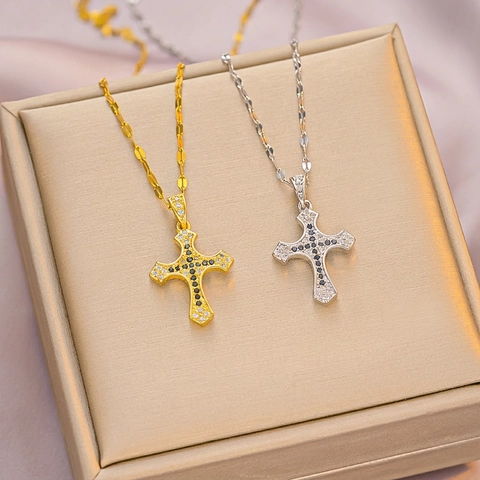 Titanium Steel Zirconia Pendant Necklace For Women Western Style Fashion Jewelry Gold Silver Color Geometric Necklaces