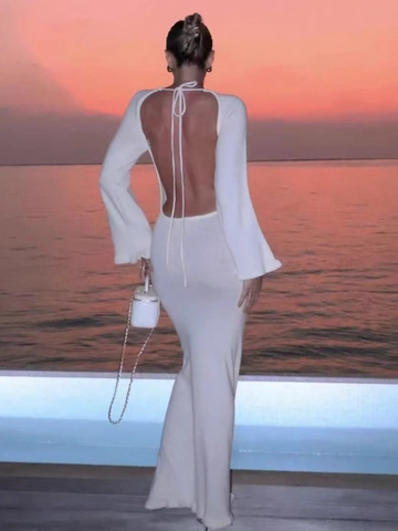 Backless Ribbed Knitted Maxi Dress Long Sleeve Round Neck Vacation Elegant Slim Fit Bodycon Solid Color Women