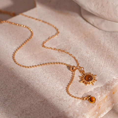 Collana A Y Con Pendente Sole E Occhio Di Tigre Artificiale Rame Catena A Sfere Regolabile Gioielli Retro Per Donna