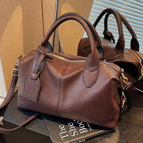 Boston Bag Lychee Pattern PU Leather Large Capacity Shoulder Crossbody Handbag With Top Handle And Metal Zipper For Women