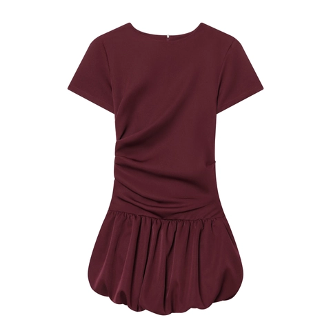 Women Short Sleeve Mini Dress Wine Red Ruched High Waist Bubble Hem Polyester Crew Neck Back Zipper Fashion Sexy
