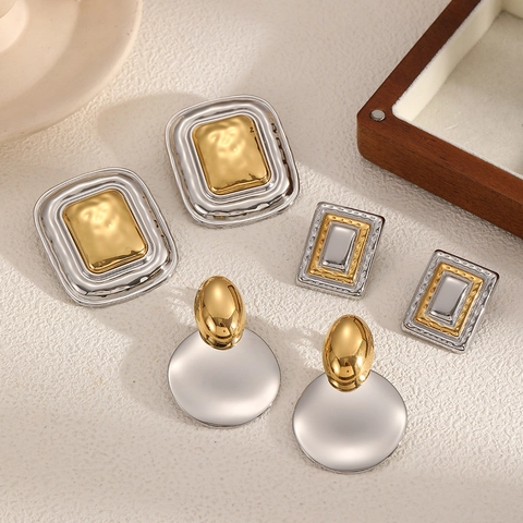 Orecchini Geometrici In Acciaio Inossidabile Bicolore Placcati Oro Argento Testurizzati Rettangolari Quadrati Gioielli Per Donne