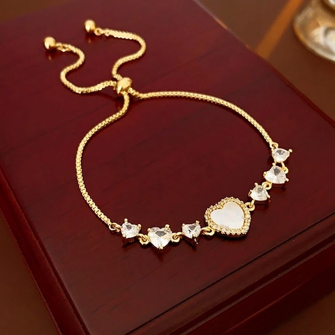 Bracciale Cuore Rame Zirconi Madreperla Catena Scorrevole Regolabile Gioielli Eleganti Di Lusso Per Donne