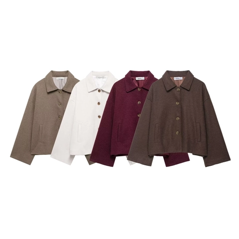 Vintage Damen Wolljacke Revers Einreihig Langarm Locker Lässig Solid Kurz Außenbekleidung Mit Taschen