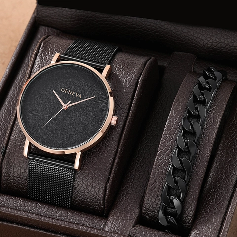 Ensemble De Montre À Quartz Ultra Mince Pour Homme Et Bracelet Gourmette Alliage Acier Inoxydable Mode Affaires