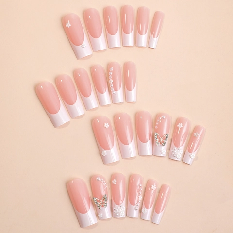Uñas Postizas Largas Coffin Francesa Blanca Mariposa Plateada 3D Perla Artificial Flor Blanca Dulce Lujo Manicura Brillante Para Mujeres