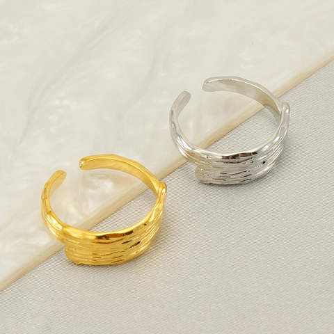 Stainless Steel Open Adjustable Ring 18K Gold Plated Tree Bark Wave Texture Minimalist Ins Style For Women