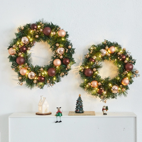 Christmas Wreath LED Light Snow Flocked Artificial Pine Cone Berry Bow Xmas Decoration Door Wall Hanging