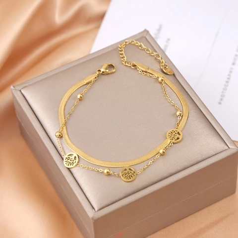 Double Layer Tree Of Life Bracelet Stainless Steel Snake And Bead Chain Fashion Jewelry For Women Elegant Gift