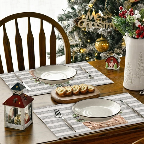 Kerst Placemats Polyester Hittebestendig Vlekbestendig Feestelijke Tafeldecoratie Bloemenmand Patroon Grijs Gestreept